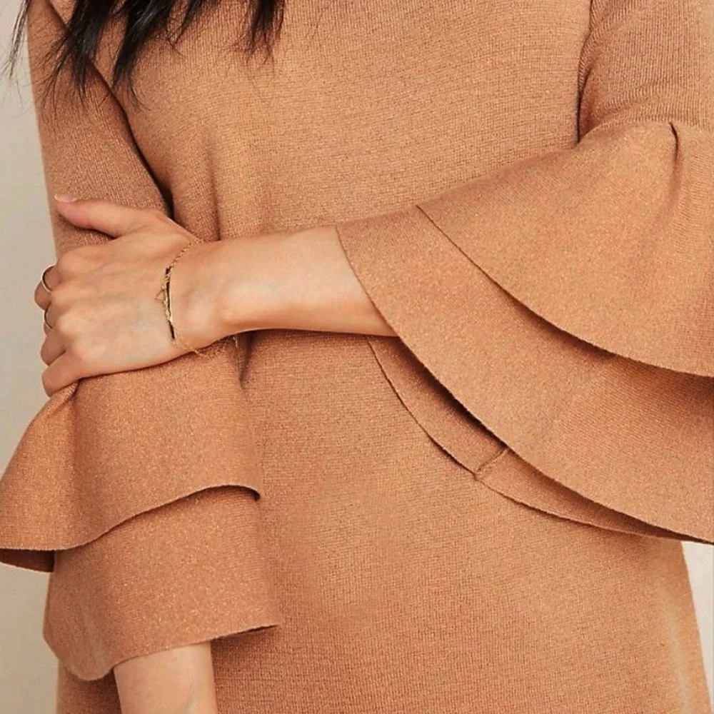 Anthropologie Claudette Ruffled Stylish Tan Bell Sleeve Top Dress